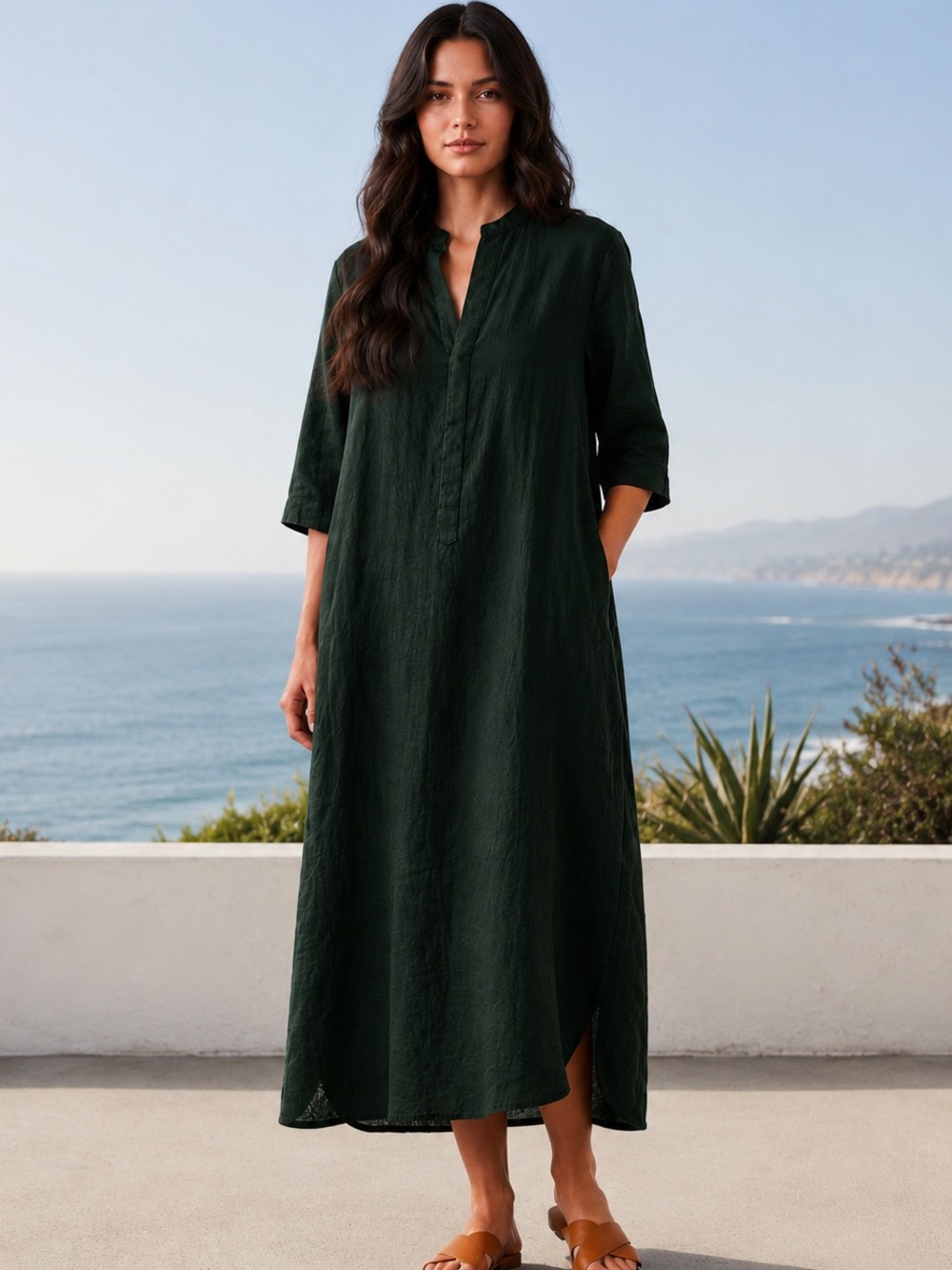 Ocean and Main Los Angeles, Dark forest green 100% Cotton Long Gauze Dress lg/xl